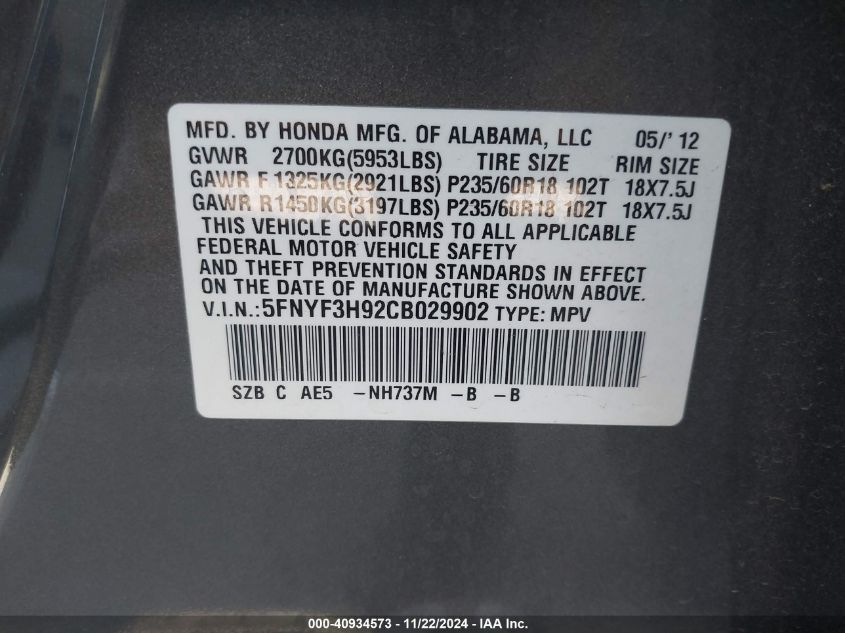 2012 Honda Pilot Touring VIN: 5FNYF3H92CB029902 Lot: 40934573