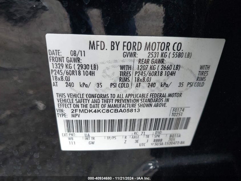 2012 Ford Edge Limited VIN: 2FMDK4KC8CBA05813 Lot: 40934680