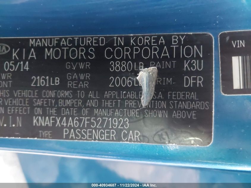 2015 KIA FORTE VIN: KNAFX4A67F5271923