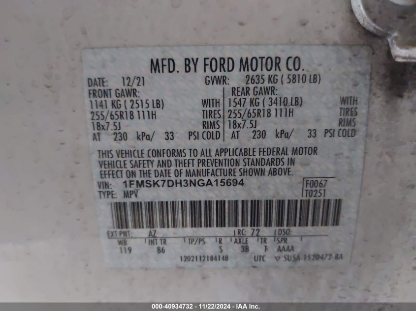 VIN 1FMSK7DH3NGA15694 2022 Ford Explorer, Xlt no.9