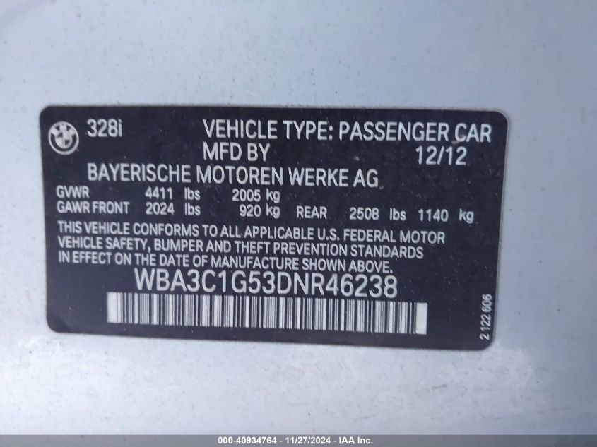 VIN WBA3C1G53DNR46238 2013 BMW 328I no.9