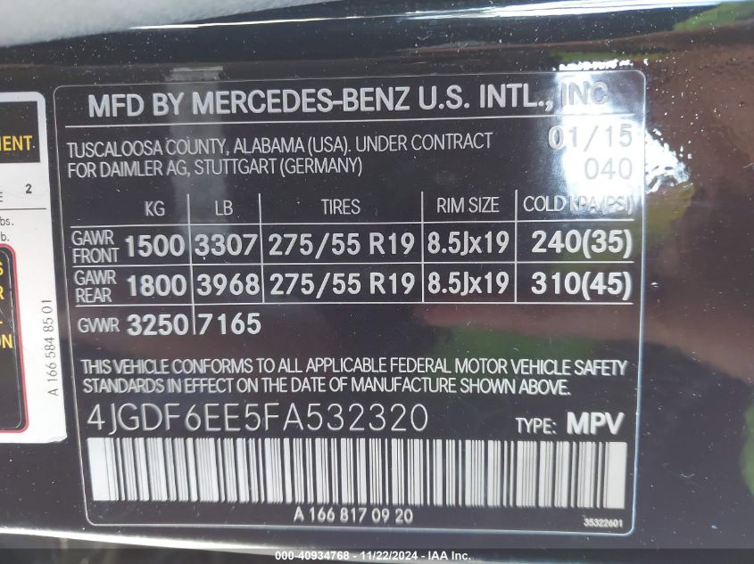 2015 Mercedes-Benz Gl 450 4Matic VIN: 4JGDF6EE5FA532320 Lot: 40934768