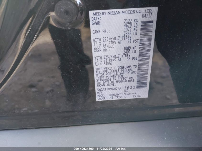 VIN 5N1AT2MVXHC823621 2017 NISSAN ROGUE SV