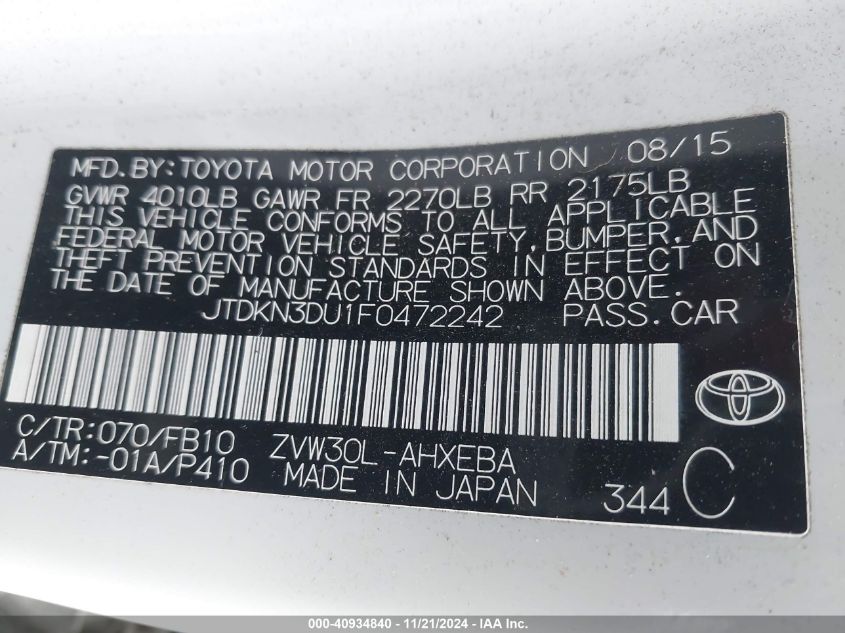 2015 Toyota Prius Two VIN: JTDKN3DU1F0472242 Lot: 40934840