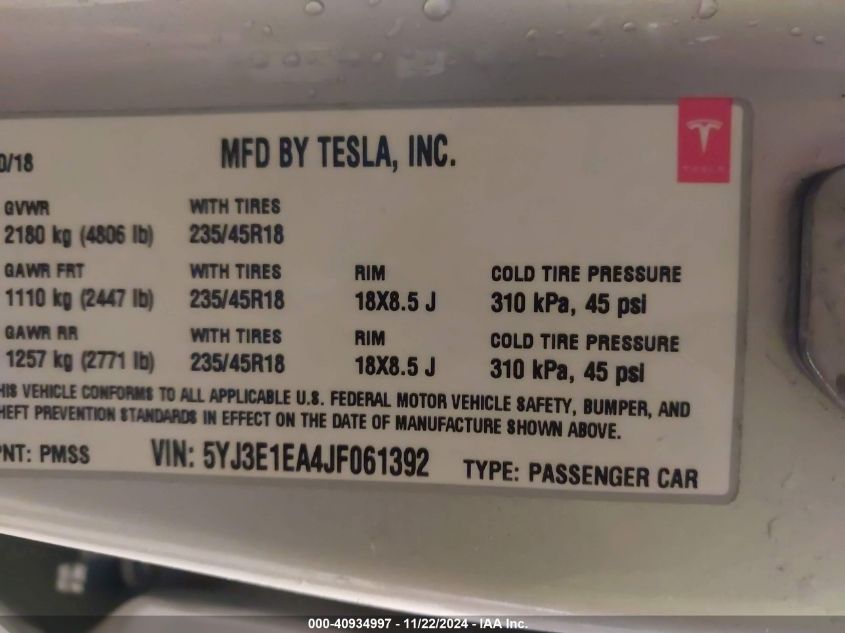 2018 TESLA MODEL 3 - 5YJ3E1EA4JF061392