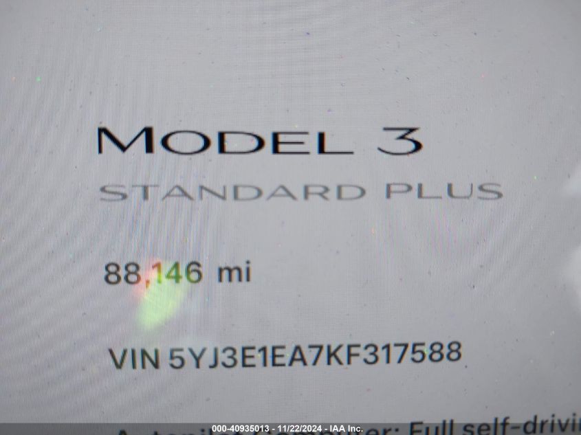 2019 Tesla Model 3 Long Range/Mid Range/Standard Range/Standard Range Plus VIN: 5YJ3E1EA7KF317588 Lot: 40935013