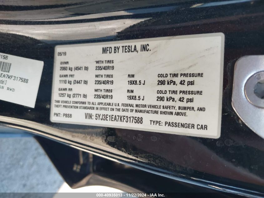 2019 Tesla Model 3 Long Range/Mid Range/Standard Range/Standard Range Plus VIN: 5YJ3E1EA7KF317588 Lot: 40935013