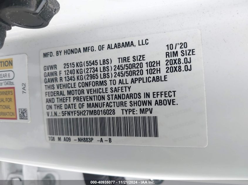 2021 Honda Pilot 2Wd Special Edition VIN: 5FNYF5H27MB016028 Lot: 40935077