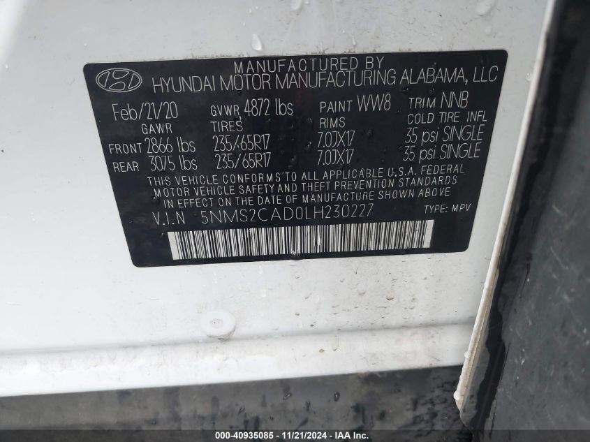 2020 Hyundai Santa Fe Se VIN: 5NMS2CAD0LH230227 Lot: 40935085