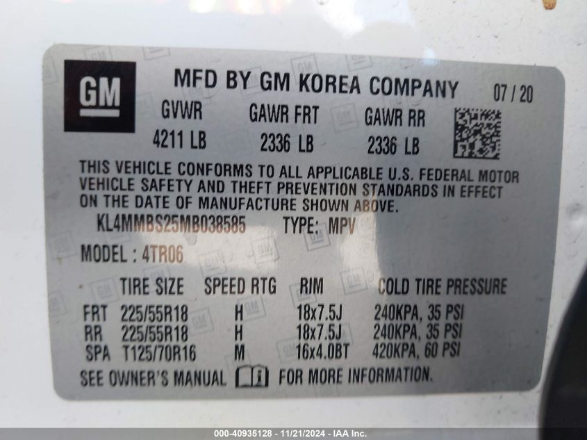 2021 Buick Encore Gx Fwd Preferred VIN: KL4MMBS25MB038585 Lot: 40935128