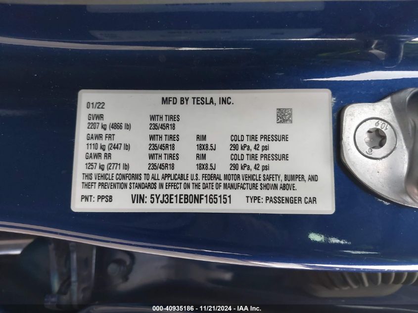 2022 Tesla Model 3 Long Range Dual Motor All-Wheel Drive VIN: 5YJ3E1EB0NF165151 Lot: 40935186