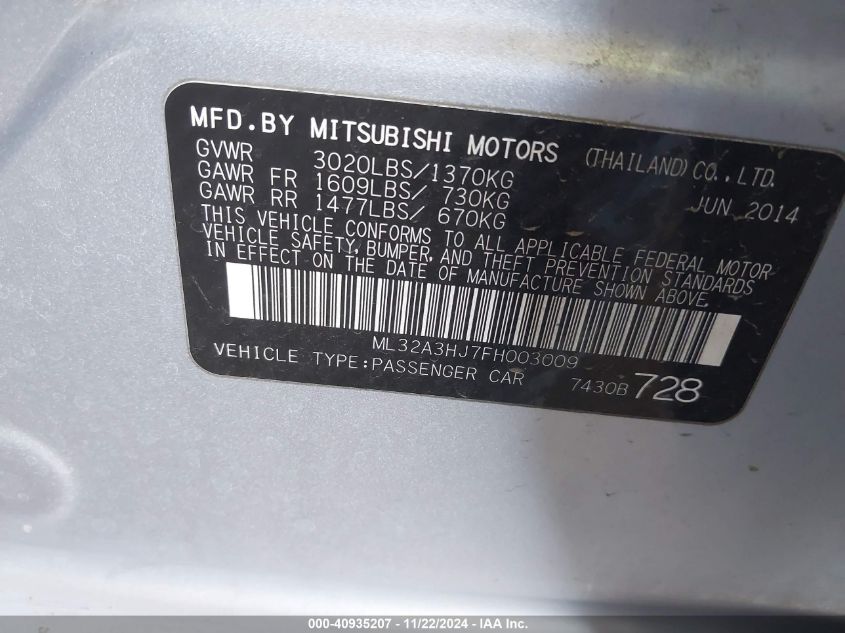 2015 Mitsubishi Mirage De VIN: ML32A3HJ7FH003009 Lot: 40935207