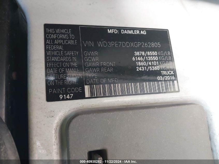 VIN WD3PE7DDXGP262805 2016 Mercedes-Benz Sprinter 2... no.9