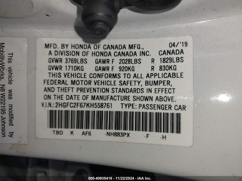 2019 HONDA CIVIC VIN: 2HGFC2F67KH558761