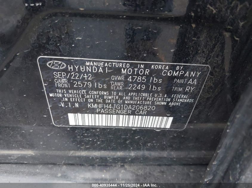 2013 Hyundai Azera VIN: KMHFH4JG1DA206820 Lot: 40935444