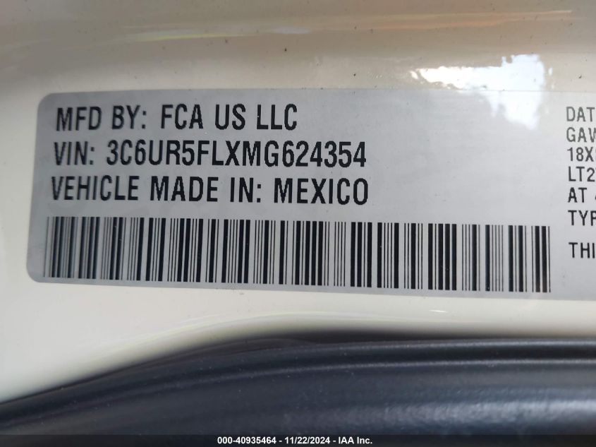 2021 Ram 2500 Laramie 4X4 6'4 Box VIN: 3C6UR5FLXMG624354 Lot: 40935464