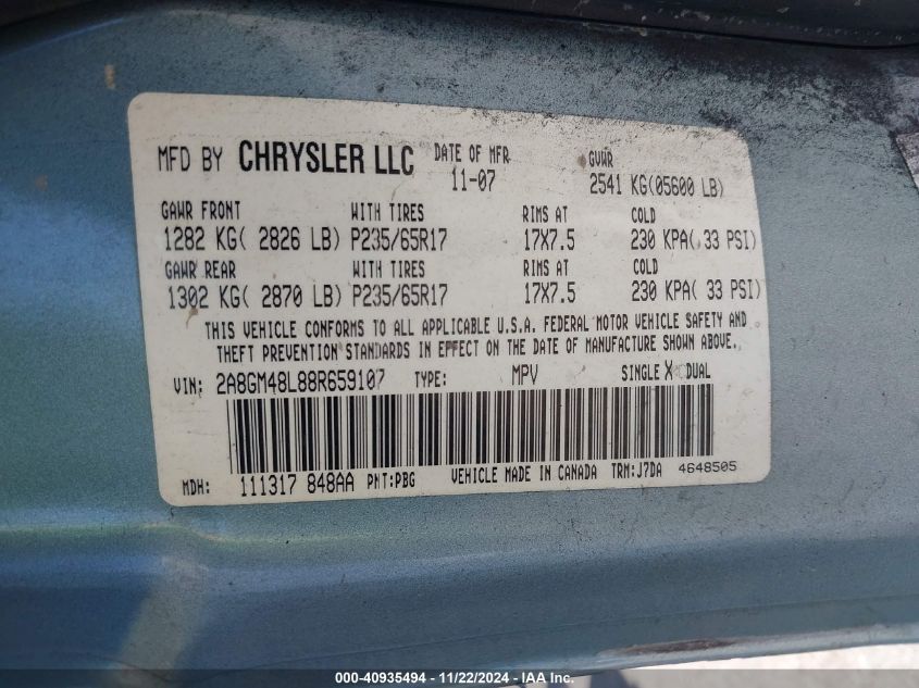 2008 Chrysler Pacifica Lx VIN: 2A8GM48L88R659107 Lot: 40935494