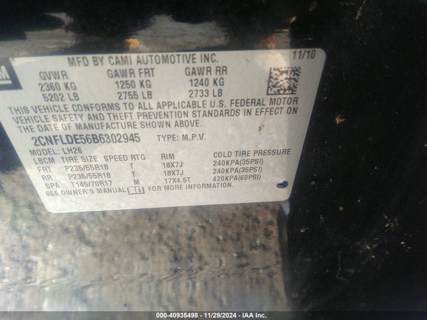 2011 Chevrolet Equinox 1Lt VIN: 2CNFLDE56B5302945 Lot: 40935498