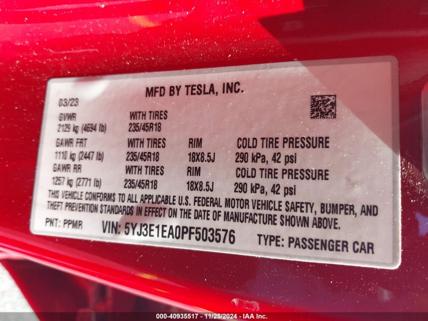 VIN 5YJ3E1EA0PF503576 2023 Tesla Model 3, Rear-Whee... no.9