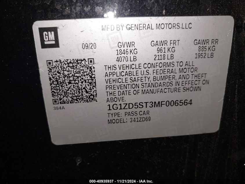 2021 CHEVROLET MALIBU VIN: 1G1ZD5ST3MF006564