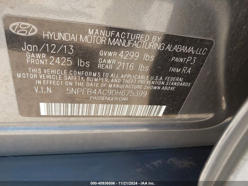 2013 Hyundai Sonata Gls VIN: 5NPEB4AC9DH675399 Lot: 40936006