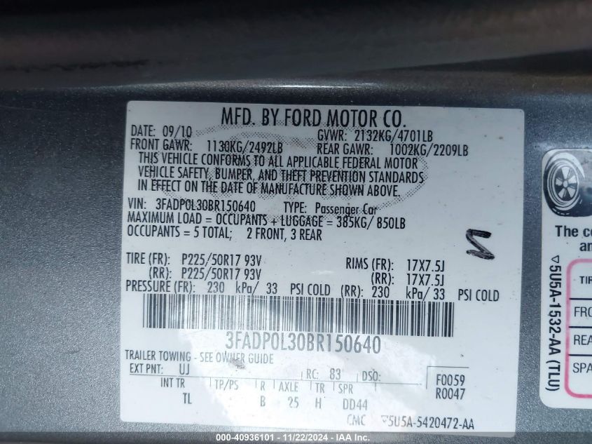 2011 Ford Fusion Hybrid VIN: 3FADP0L30BR150640 Lot: 40936101