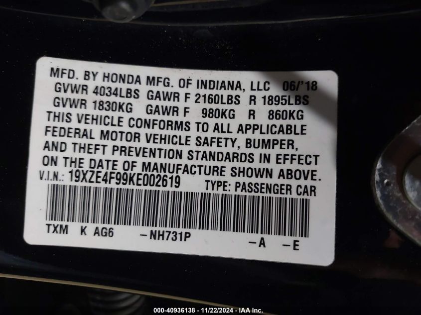 2019 Honda Insight Touring VIN: 19XZE4F99KE002619 Lot: 40936138