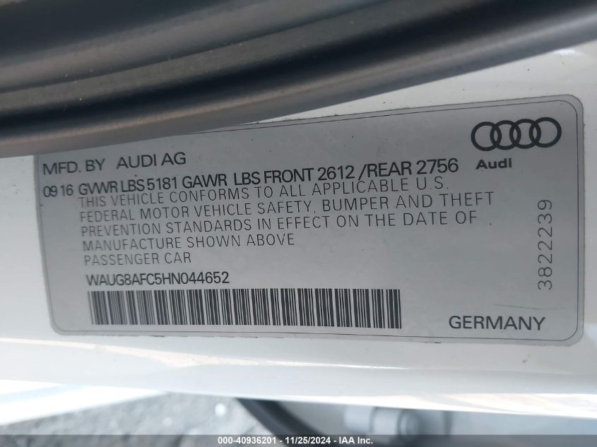 2017 Audi A6 2.0T Premium VIN: WAUG8AFC5HN044652 Lot: 40936201