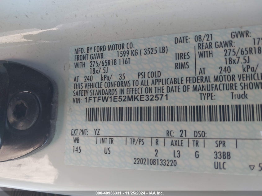 2021 FORD F-150 VIN: 1FTFW1E52MKE32571