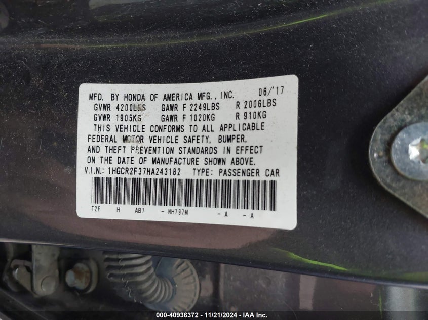 2017 HONDA ACCORD VIN: 1HGCR2F37HA243182