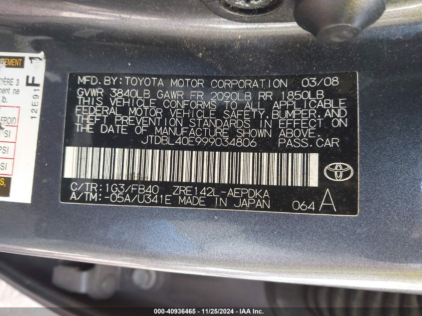 2009 Toyota Corolla Le VIN: JTDBL40E999034806 Lot: 40936465