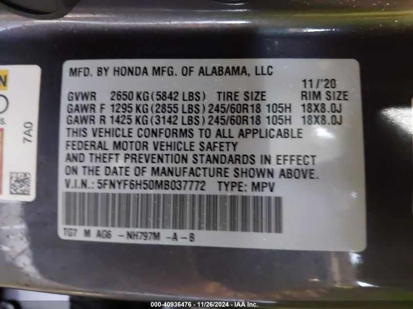 VIN 5FNYF6H50MB037772 2021 Honda Pilot, Awd Ex-L no.9