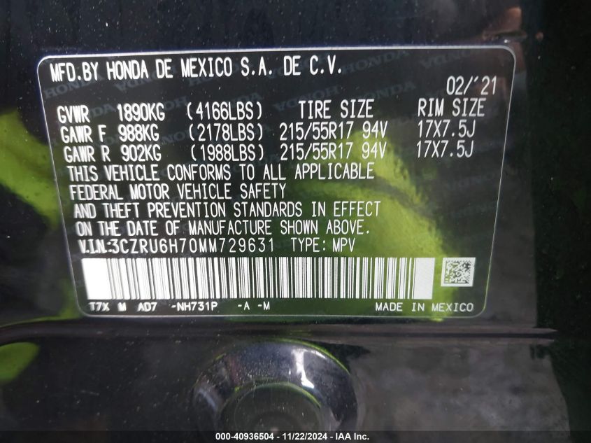 2021 HONDA HR-V AWD EX-L - 3CZRU6H70MM729631