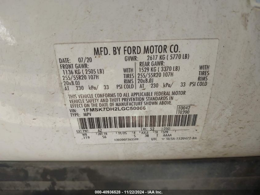 VIN 1FMSK7DH2LGC50066 2020 Ford Explorer, Xlt no.9