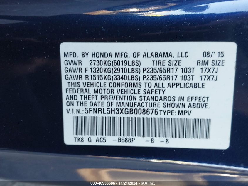 2016 Honda Odyssey Se VIN: 5FNRL5H3XGB008676 Lot: 40936586