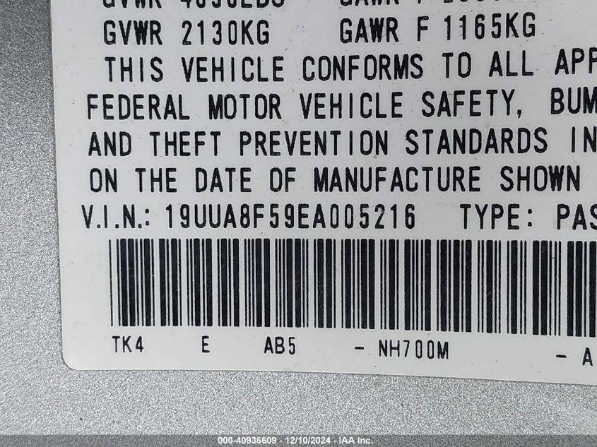 VIN 19UUA8F59EA005216 2014 Acura TL, 3.5 no.9