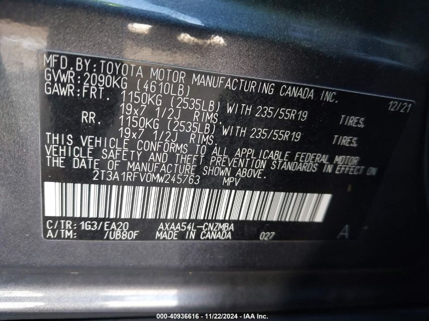 2021 Toyota Rav4 Xle Premium VIN: 2T3A1RFV0MW245763 Lot: 40936616