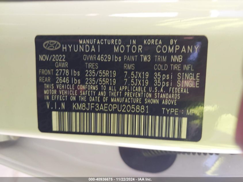 2023 Hyundai Tucson Xrt VIN: KM8JF3AE0PU205881 Lot: 40936675