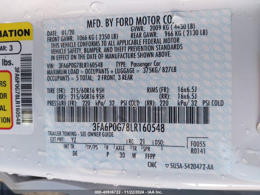 2020 Ford Fusion S VIN: 3FA6P0G78LR160548 Lot: 40936722