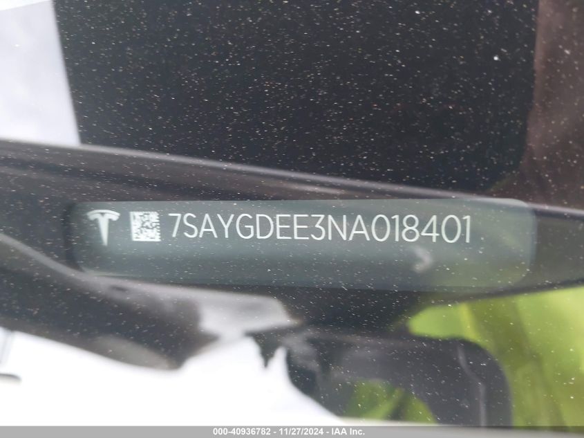 VIN 7SAYGDEE3NA018401 2022 Tesla Model Y, Long Rang... no.9