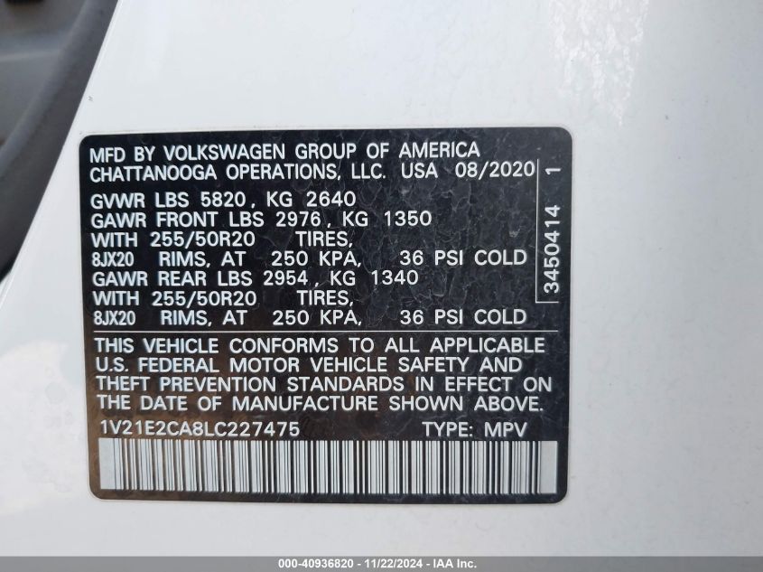 2020 Volkswagen Atlas Cross Sport 3.6L V6 Se W/Technology/3.6L V6 Se W/Technology R-Line VIN: 1V21E2CA8LC227475 Lot: 40936820