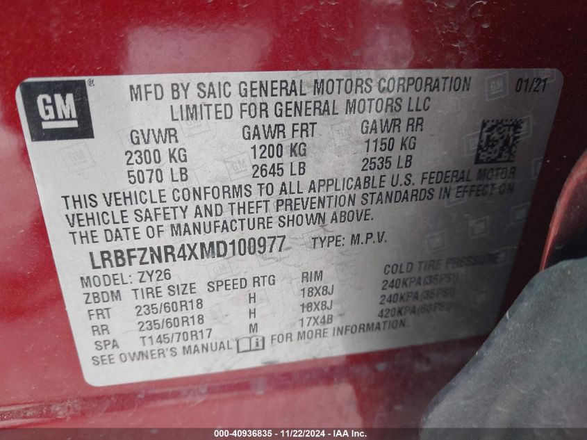 2021 Buick Envision Fwd Essence VIN: LRBFZNR4XMD100977 Lot: 40936835