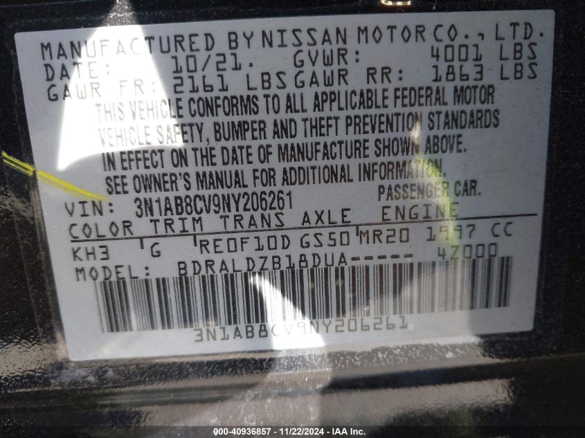 2022 Nissan Sentra Sv Xtronic Cvt VIN: 3N1AB8CV9NY206261 Lot: 40936857