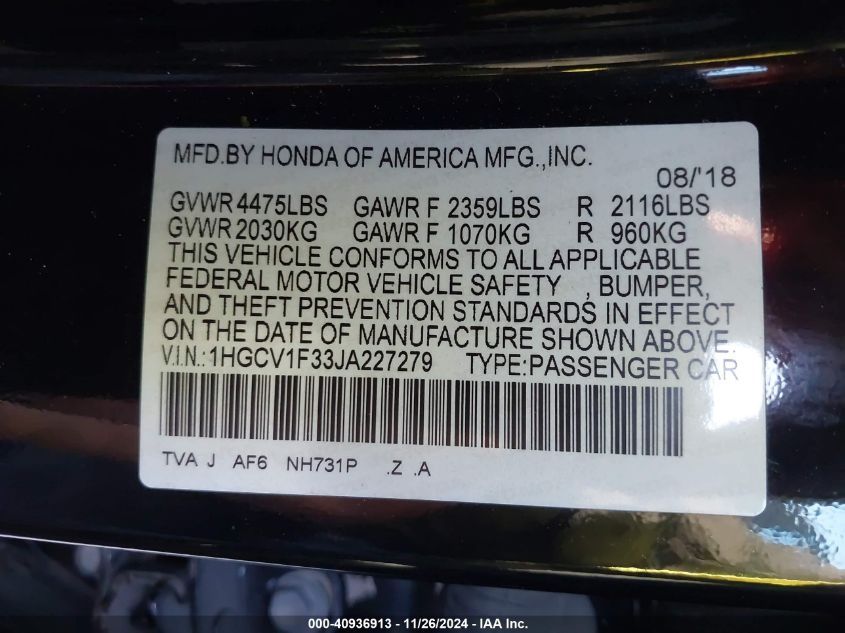 VIN 1HGCV1F33JA227279 2018 Honda Accord, Sport no.9