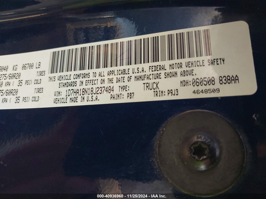 2008 Dodge Ram 1500 Slt VIN: 1D7HA18N18J237484 Lot: 40936960