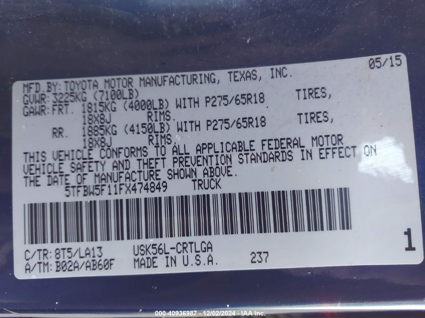 VIN 5TFBW5F11FX474849 2015 Toyota Tundra, Limited 5... no.9