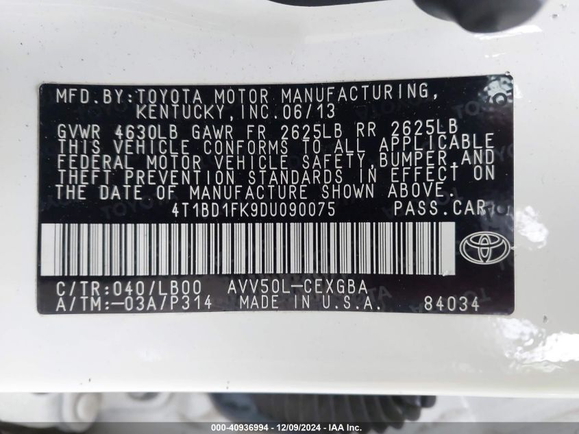 VIN 4T1BD1FK9DU090075 2013 Toyota Camry, Hybrid Xle no.9