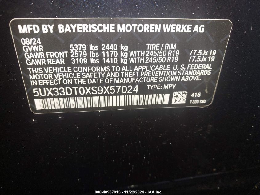 2025 BMW X4 xDrive30I VIN: 5UX33DT0XS9X57024 Lot: 40937015