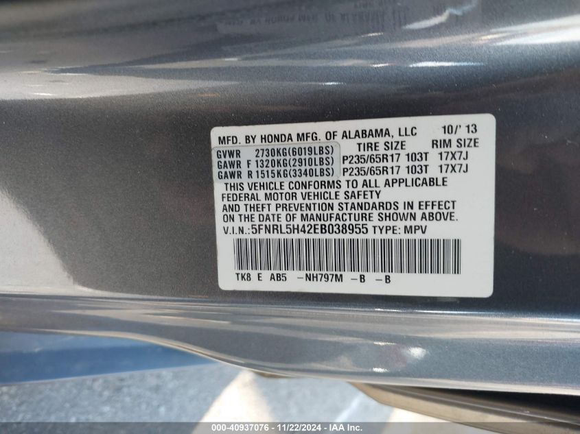 VIN 5FNRL5H42EB038955 2014 HONDA ODYSSEY no.9