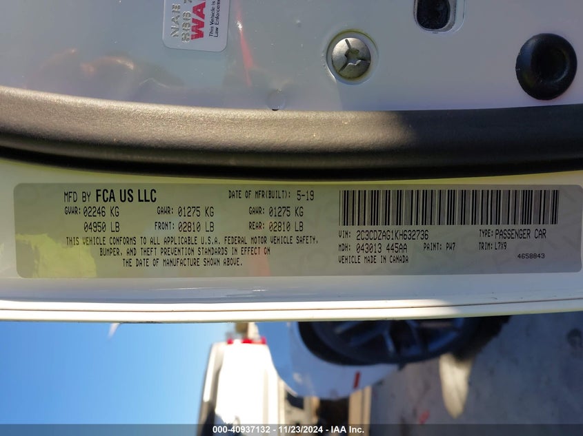 VIN 2C3CDZAG1KH632736 2019 DODGE CHALLENGER SXT
